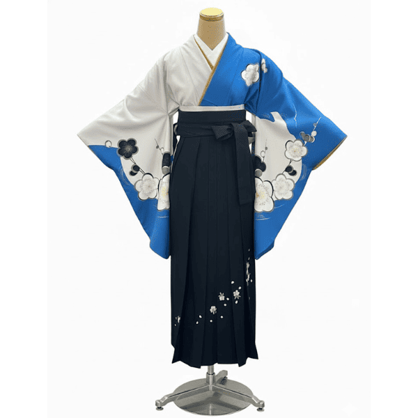 袴レンタル｜青地・白地に花柄の二尺袖・袴 