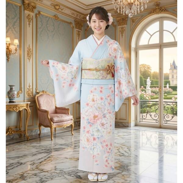 訪問着｜花わらべ｜水色大輪の花刺繍｜夏祭感謝祭｜ﾌﾙｾｯﾄNo.200-43
