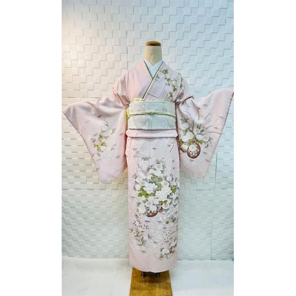 訪問着レンタル｜正絹｜淡いピンク｜花車｜金彩