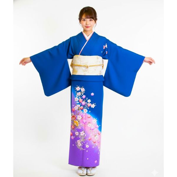 訪問着レンタル｜正絹｜青地・白や淡いピンクの花柄