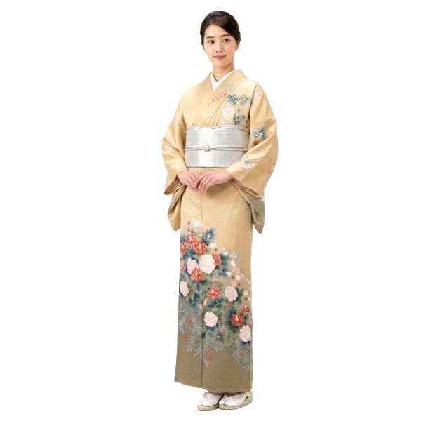 着物レンタル｜訪問着｜正絹｜綸子｜シャンパンゴールド｜椿・藤の花文様