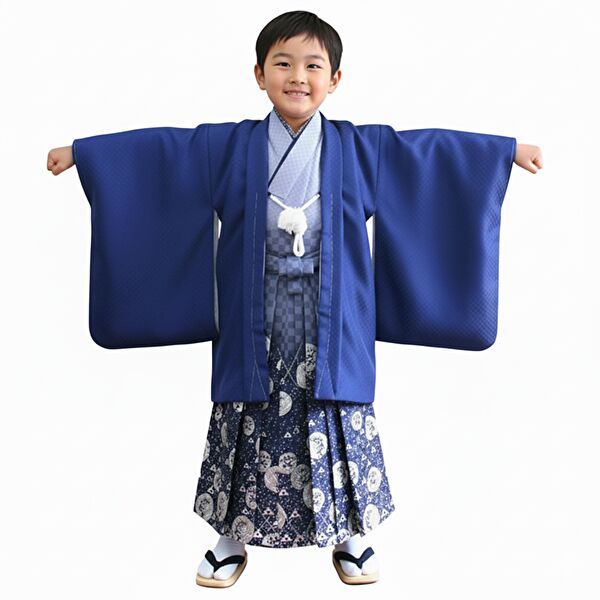 七五三｜五歳｜着物・淡いｸﾞﾚｰと淡い水色｜羽織・上品な地模様入｜柄袴