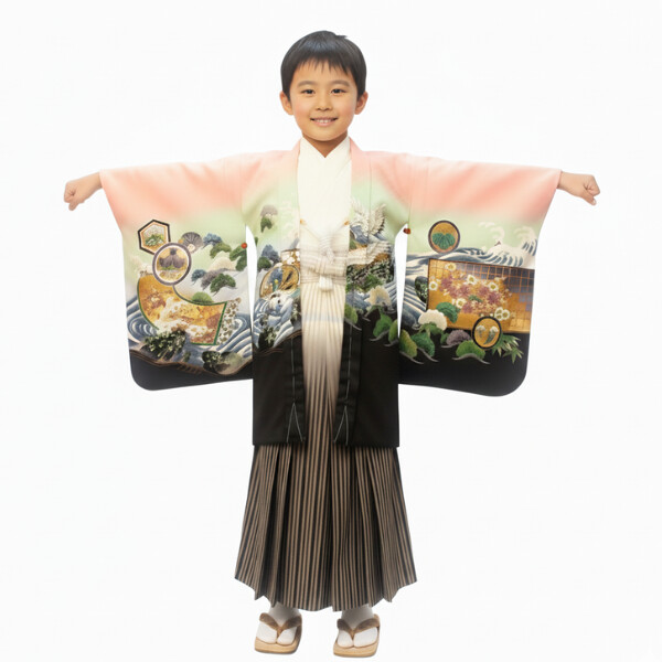 七五三｜五歳｜新品同様｜着物・白地｜羽織・ﾋﾟﾝｸ｜柄・縦縞ｸﾞﾗﾃﾞｰｼｮﾝ袴No.531