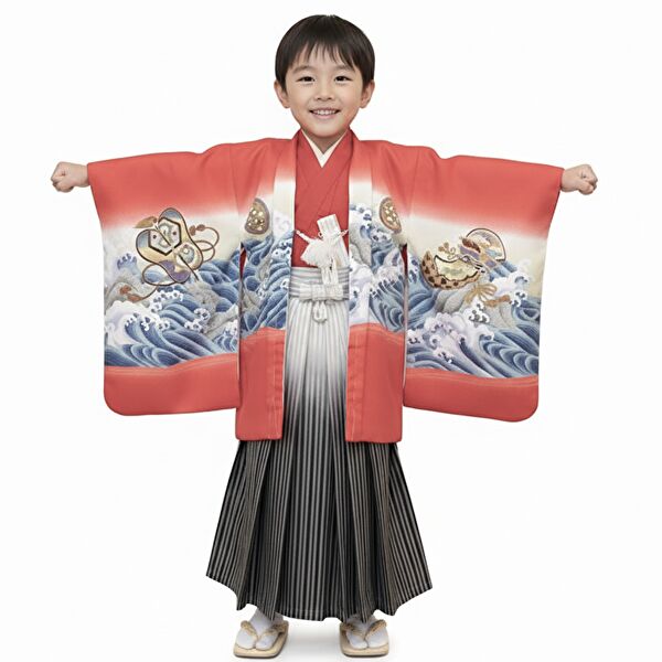 七五三｜五歳｜新品同様｜着物赤地｜羽織赤地・背中は鷹金糸｜光沢の袴NO.541