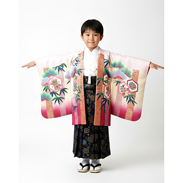 七五三｜五歳｜新品｜着物・淡いﾋﾟﾝｸ｜羽織・兜｜柄袴No.566
