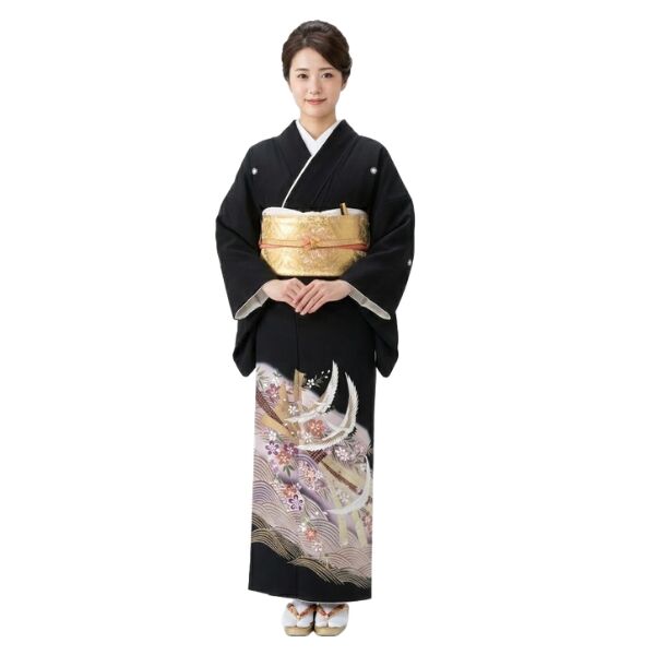 黒留袖｜巾広・腰回り120cm位の方OK｜藤色｜小物フルセット無料No.600-17