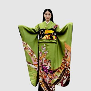 振袖レンタル｜正絹｜ロング丈｜上品なひわいろ・落ち着いた黄緑色
